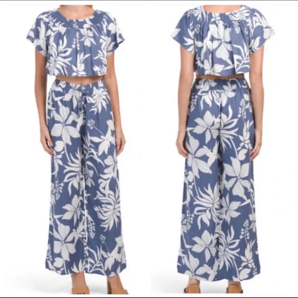 NWT Kiwi + Punch Floral Crop Top Pant Set Blue White Size Medium